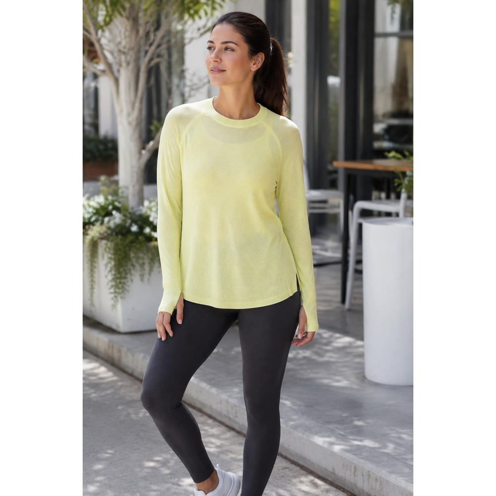 Lululemon Womens Lime Yellow Knit Long Sleeve Athletic Top Thumbholes Crew Neck